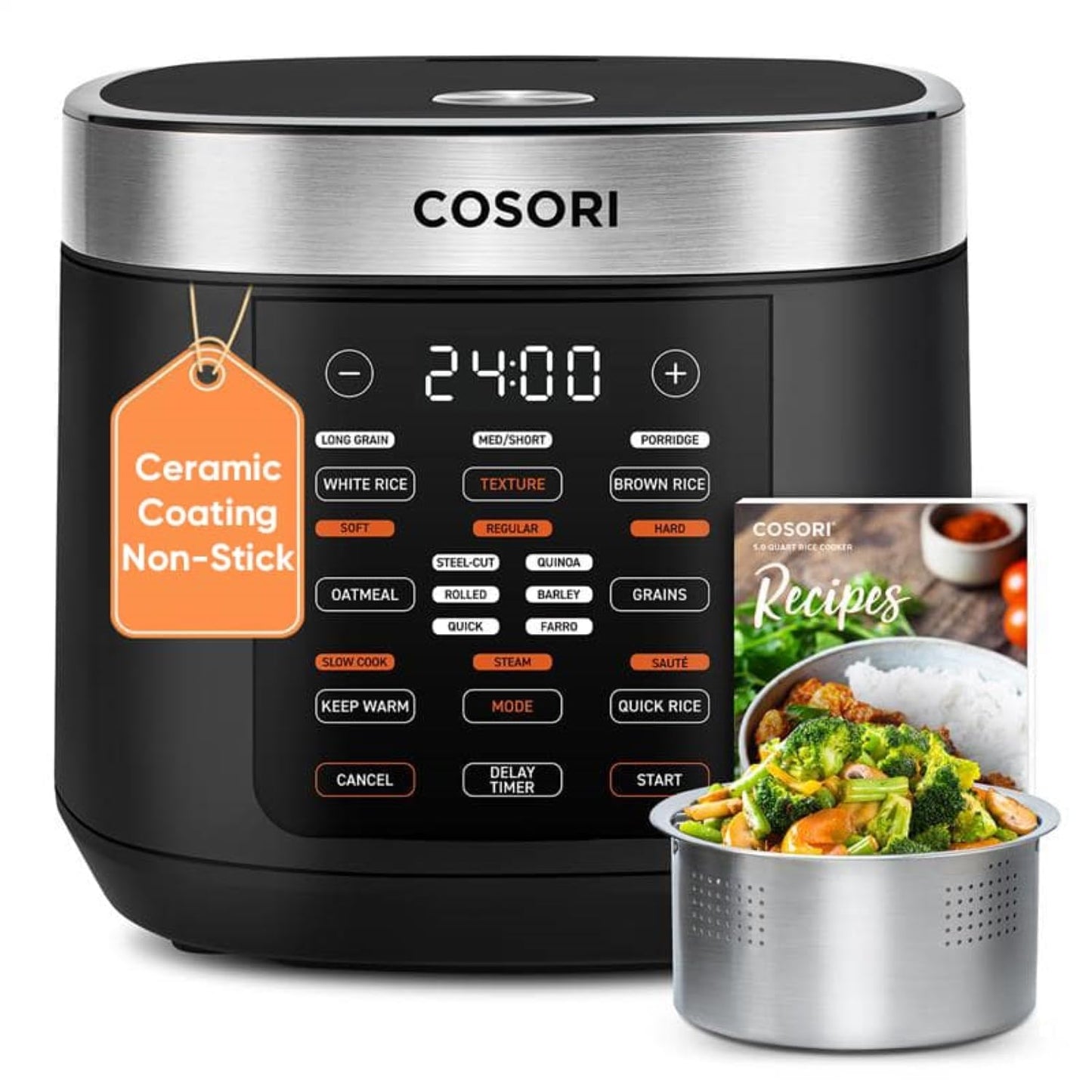 Cosori Rice Cooker 10 Cup, 24h Keep Warm, Non-stick Ceramic Inner Pot, 18 Functions Fuzzy Logic Rice Maker with Stainless Steel Steamer Basket, Sauté, Slow Cooker, Black