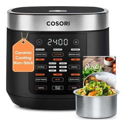 Cosori Rice Cooker 10 Cup, 24h Keep Warm, Non-stick Ceramic Inner Pot, 18 Functions Fuzzy Logic Rice Maker with Stainless Steel Steamer Basket, Sauté, Slow Cooker, Black