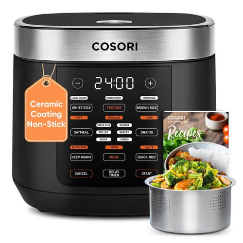 Cosori Rice Cooker 10 Cup, 24h Keep Warm, Non-stick Ceramic Inner Pot, 18 Functions Fuzzy Logic Rice Maker with Stainless Steel Steamer Basket, Sauté, Slow Cooker, Black
