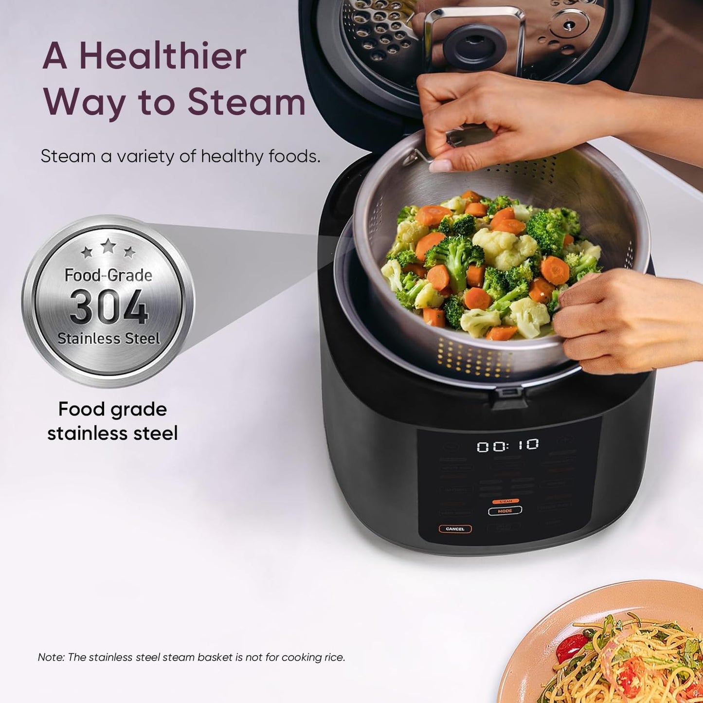 Cosori Rice Cooker 10 Cup, 24h Keep Warm, Non-stick Ceramic Inner Pot, 18 Functions Fuzzy Logic Rice Maker with Stainless Steel Steamer Basket, Sauté, Slow Cooker, Black