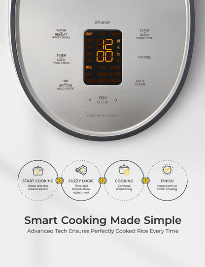 CUCKOO Micom Rice Cooker 6-Cup Uncooked / 12-Cup Cooked with Nonstick Inner Pot, Versatile Rice Maker with 9 Menu Options, Fuzzy Logic Technology, Auto Clean, Quick Rice Mode, Gray (CR-0675FG)